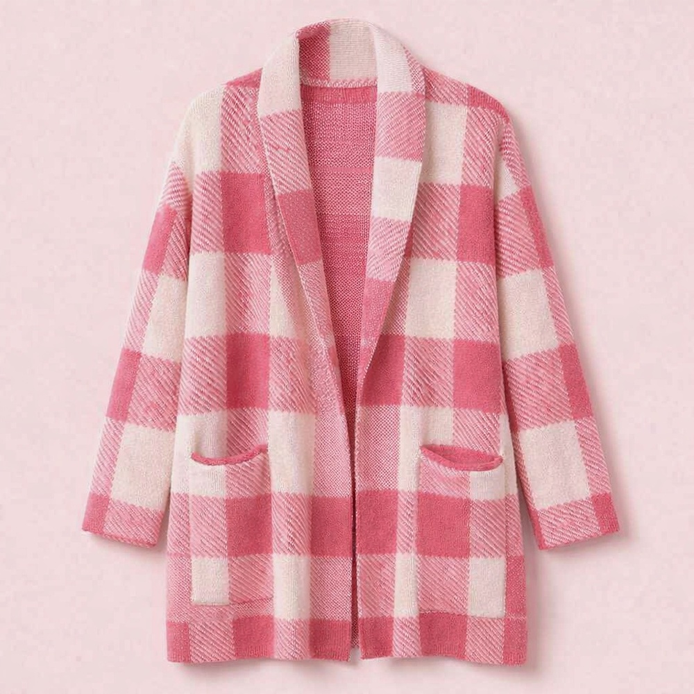 [BOGO] NWT Pink & White Plaid Plush Open-Front Sweater w/ Pockets